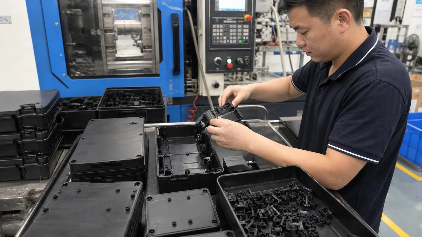 Real molding QA area with flame-retardant conductive PP electrical enclosures and ESD housing parts on an inspection cart
