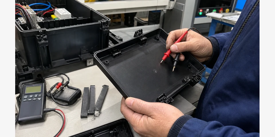 Resistance probe and molded-part inspection of flame-retardant conductive PP electrical enclosure parts