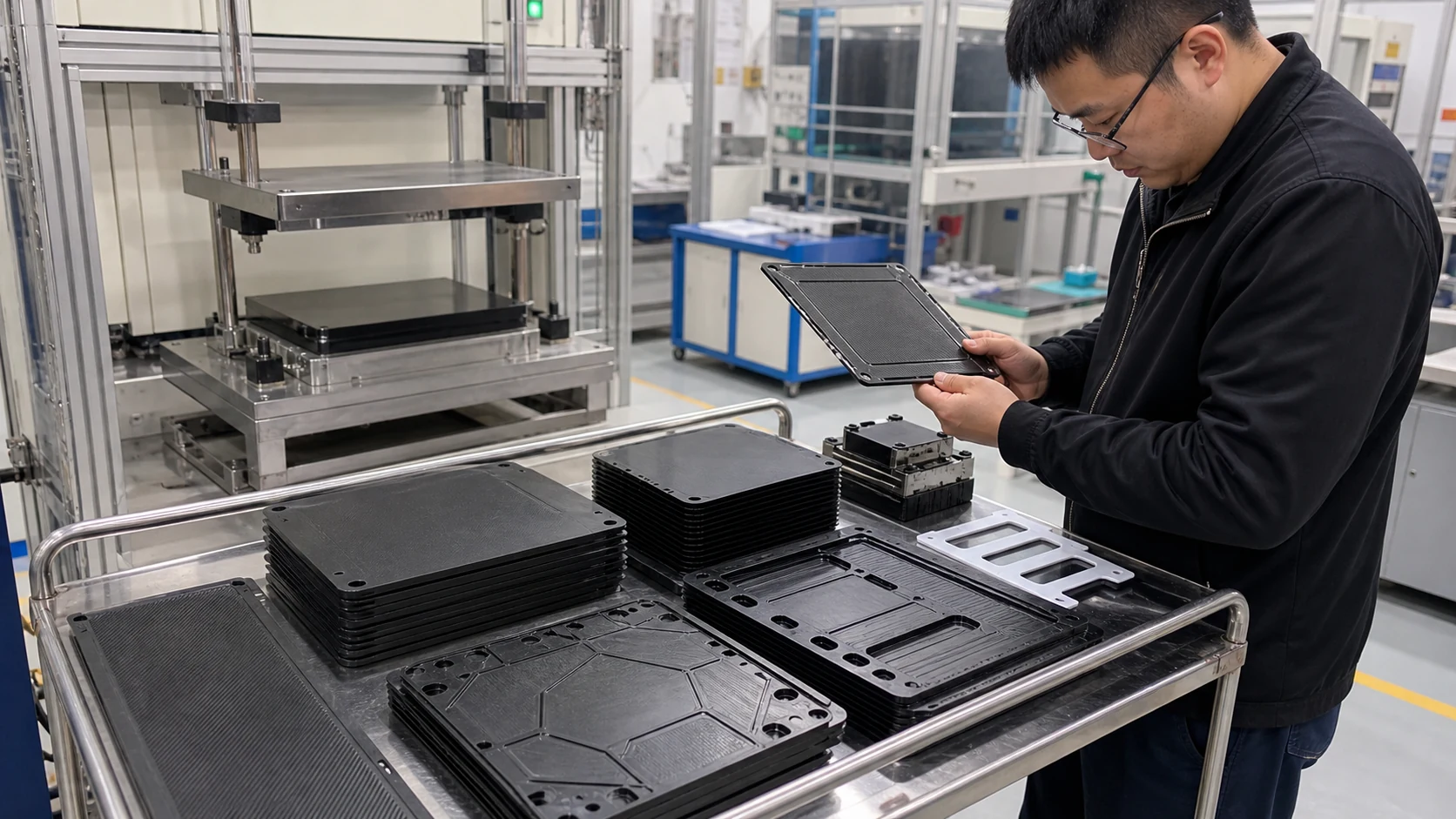 Real fuel cell materials pilot area with high-conductive polypropylene bipolar plate samples inspected near a compression fixture