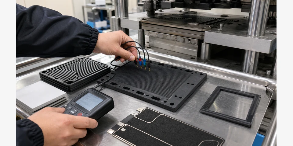 Four-point probe validation of an ultra-low-resistivity conductive PP composite plate in an industrial R&D area