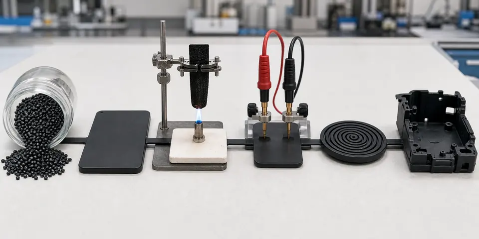 Flame-retardant conductive PP validation workflow with dispersion plaque flame test resistance probe flow spiral and molded part