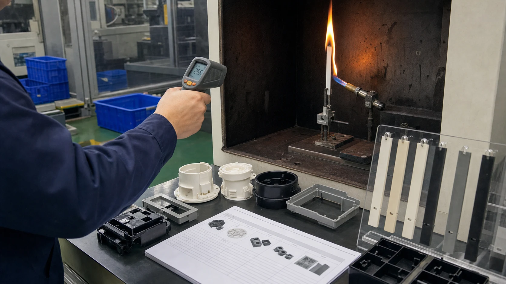 Real UL94-style flame test and infrared temperature check for flame-retardant PP, ABS, PC/ABS, PA66 and PBT molded samples in an industrial QA area