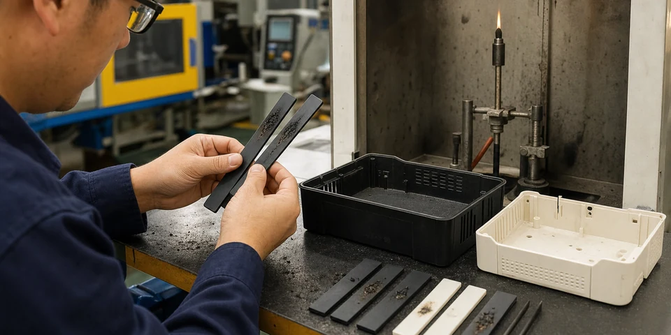 Technician checking flame-retardant molded samples and UL94 test bars in a production quality area