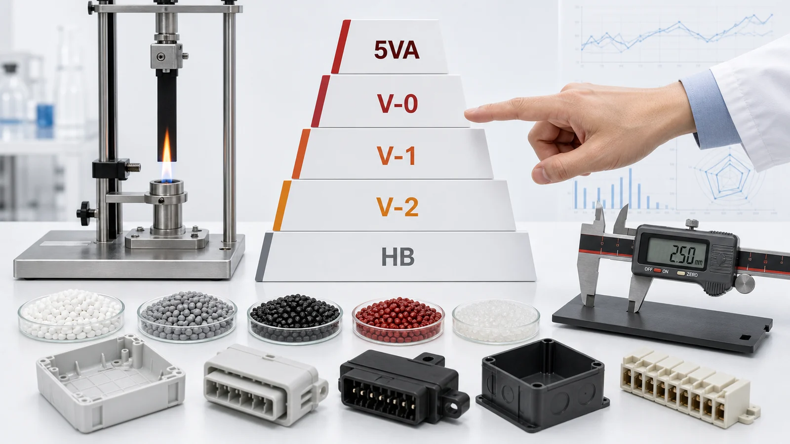UL94 flame-retardant plastic rating cover with HB, V-2, V-1, V-0 and 5VA scale, flame test equipment, caliper and electrical parts