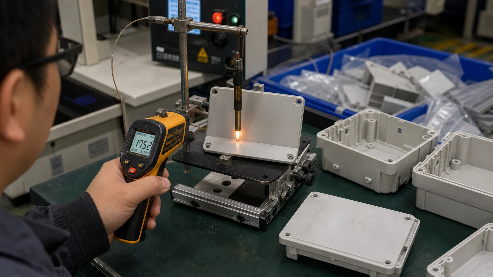Real glow-wire or small-flame validation and infrared temperature measurement of a flame-retardant PP electrical junction box sample