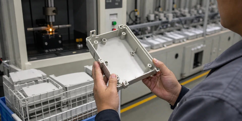 Technician inspecting a flame-retardant PP junction box cover after glow-wire and molding validation