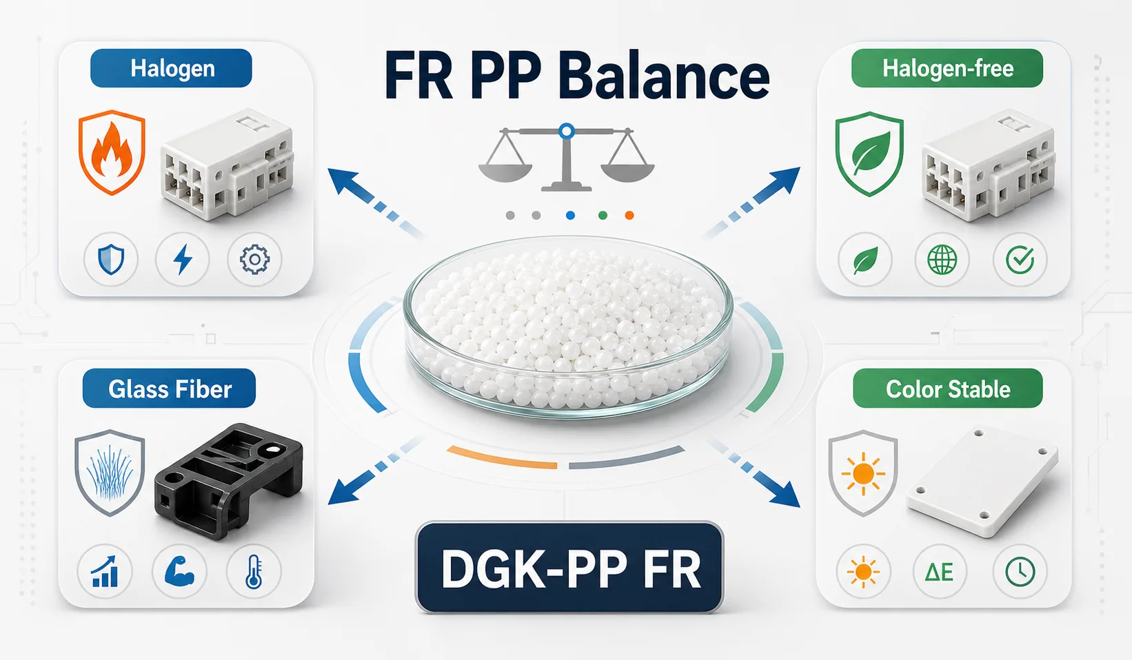 Flame-retardant PP balance cover with halogen, halogen-free, glass fiber and color-stable formulation routes around PP pellets