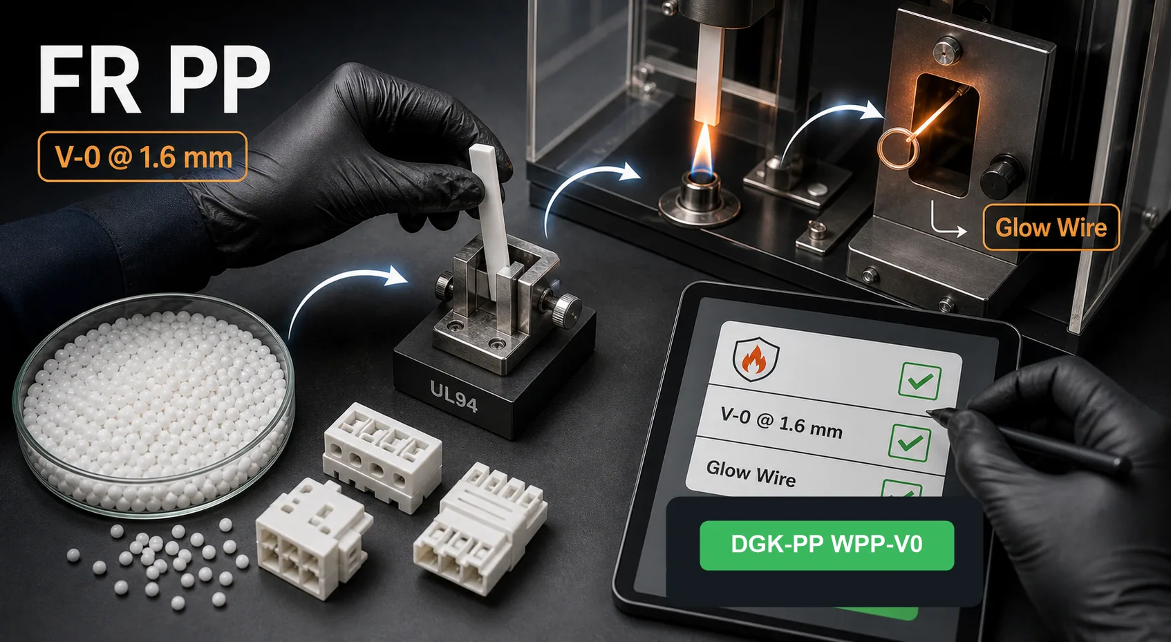Flame-retardant PP selection cover with engineer, V-0 logic chart, 1.6 mm thickness, flame test and DGK-PP WPP-V0