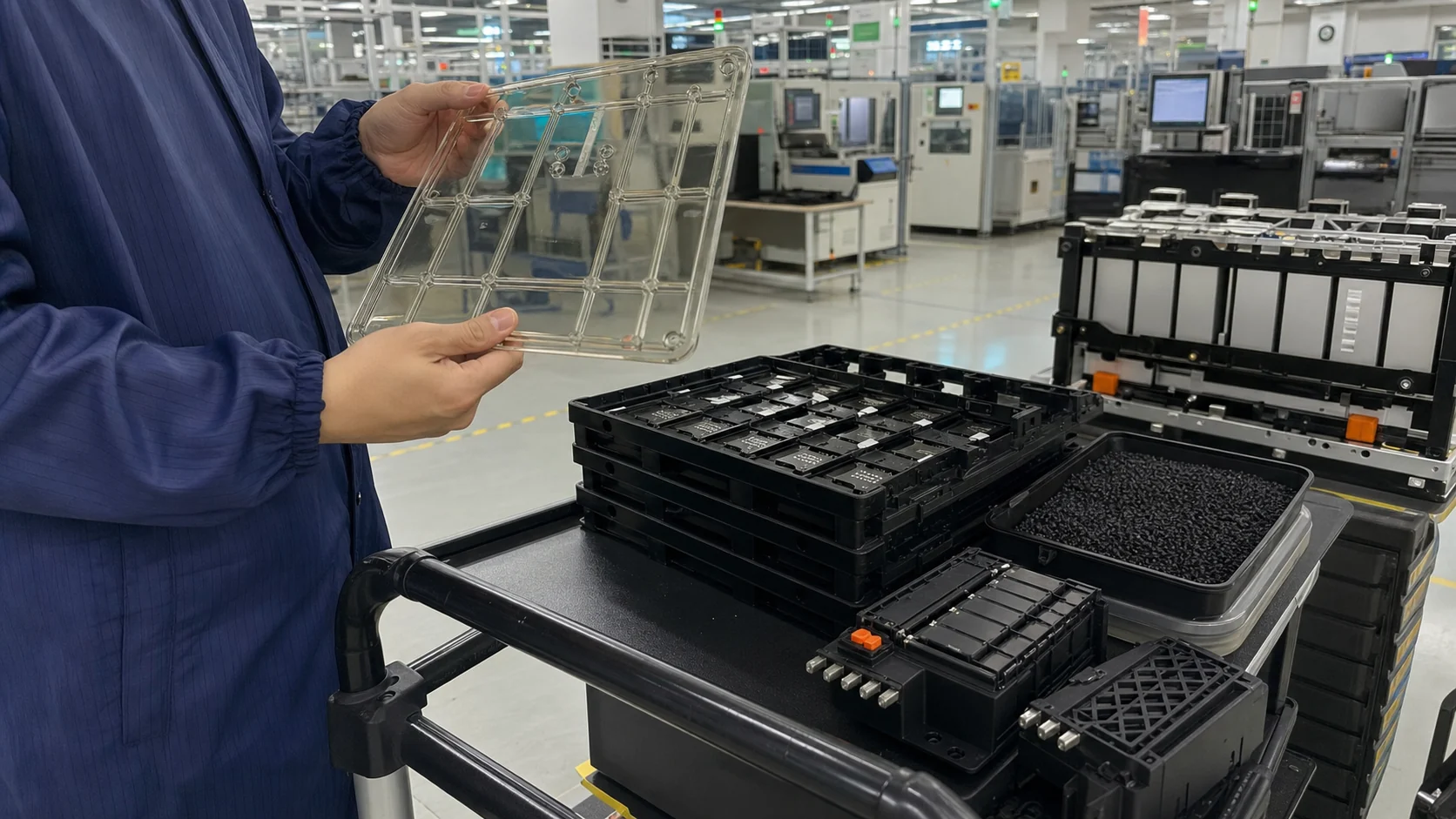 Realistic ESD-safe production cart with transparent antistatic trays, conductive plastic parts and an engineer in an electronics manufacturing area