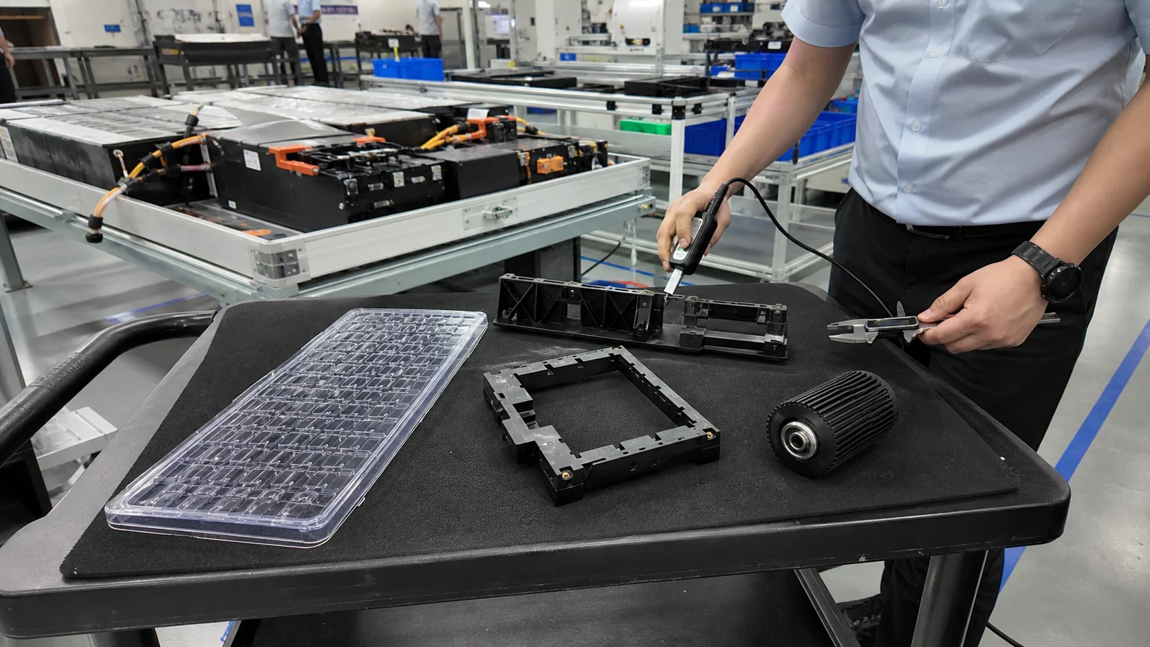 Application validation scene with antistatic semiconductor trays, battery module brackets, cleanroom windows and automation rollers