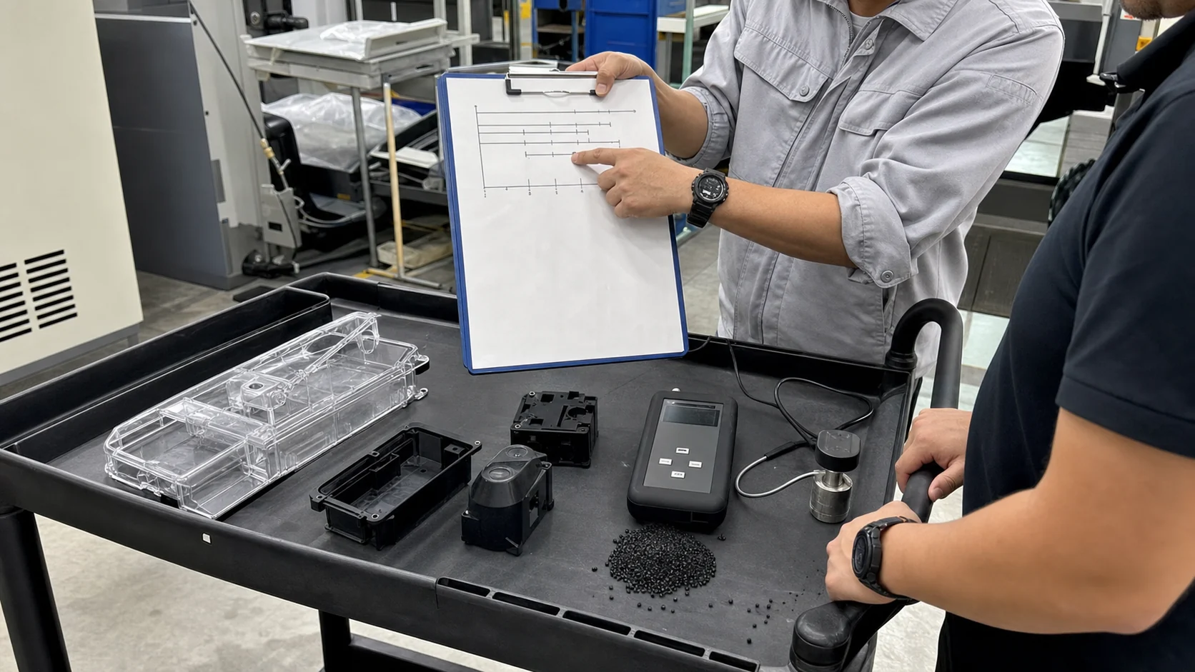 Engineer comparing antistatic technical routes with transparent ABS samples, conductive molded parts and a surface resistance meter