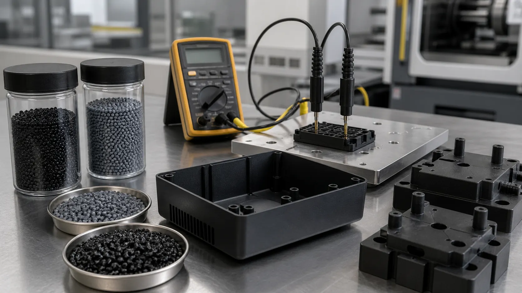 Graphite conductive ABS pellets molded housing fixture blocks and resistance probes for ESD structural parts