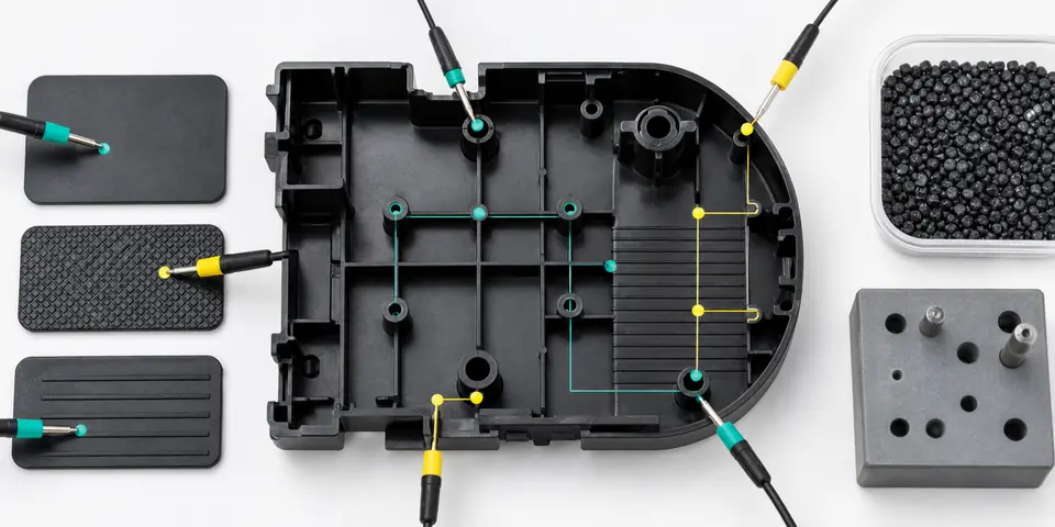 Graphite conductive ABS molded housing validation with probes near ribs bosses gate areas and surface texture