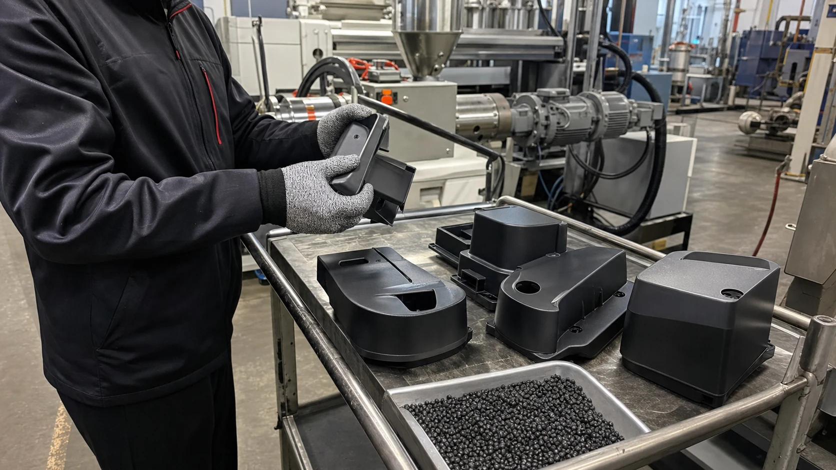 Real graphite-filled conductive plastic compounding area with smooth black molded housings inspected near an extrusion line