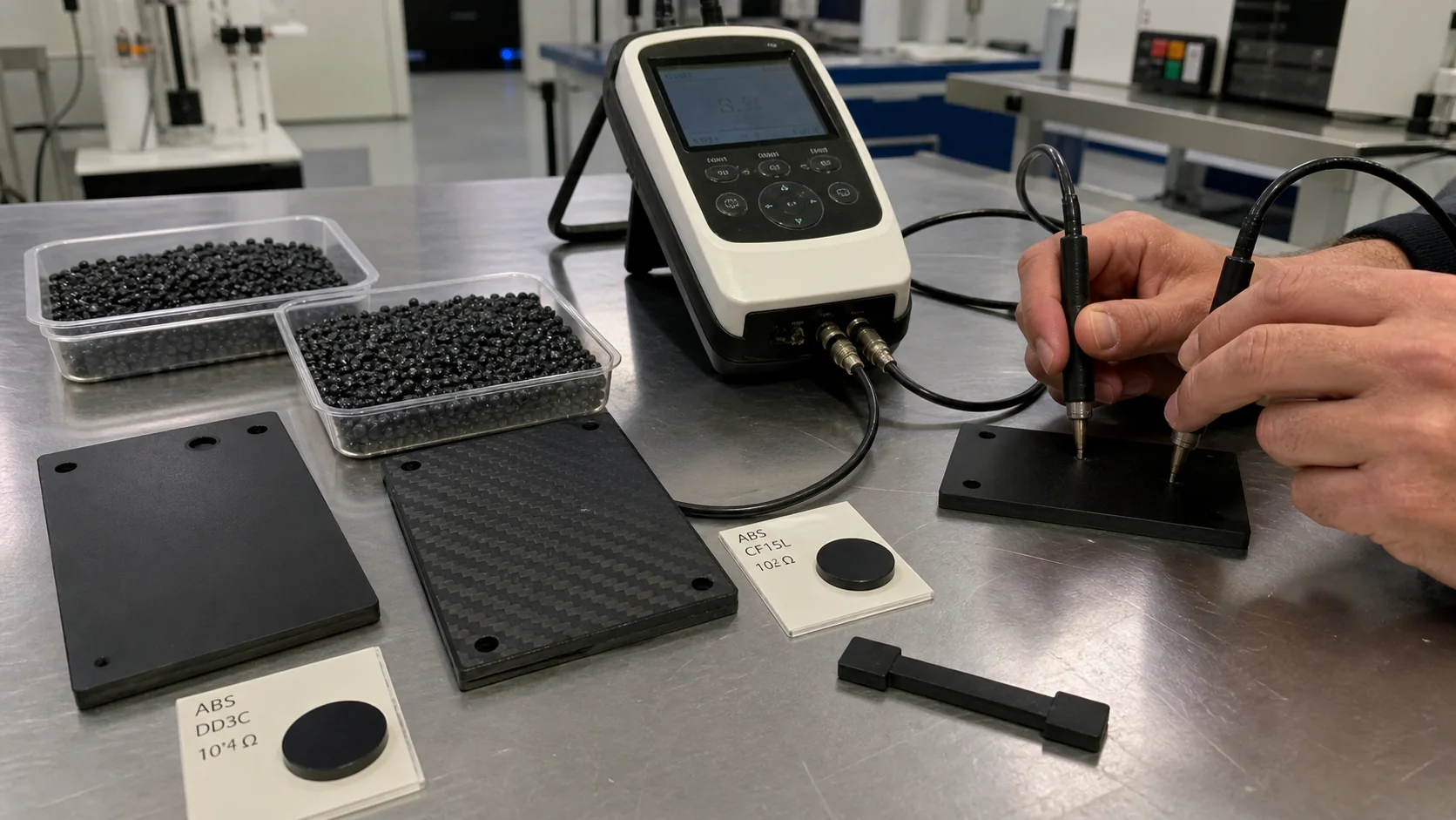 Smartphone-style lab photo comparing graphite conductive ABS and carbon-fiber conductive ABS with a surface resistance meter and molded plaques.