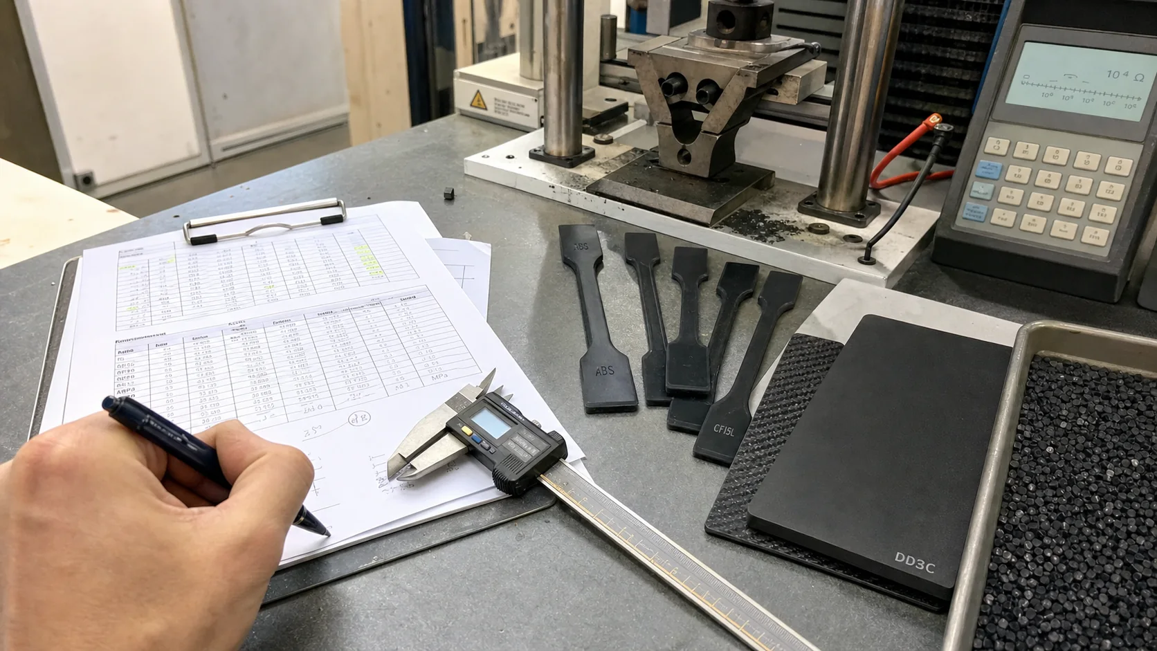 Validation view for comparing surface resistance, molded sample geometry and mechanical data before selecting DD3C or CF15L.