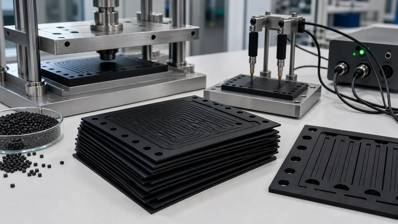 High conductive PP plate samples compression fixture contact resistance probes and black pellets for bipolar plate development