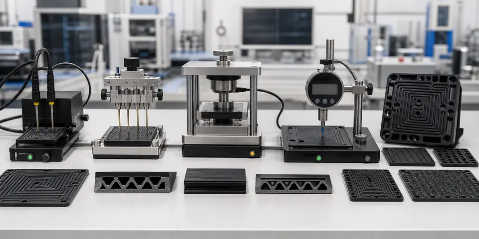 Conductive PP plate validation with four point probe compression cell thickness gauge and molded channel coupons