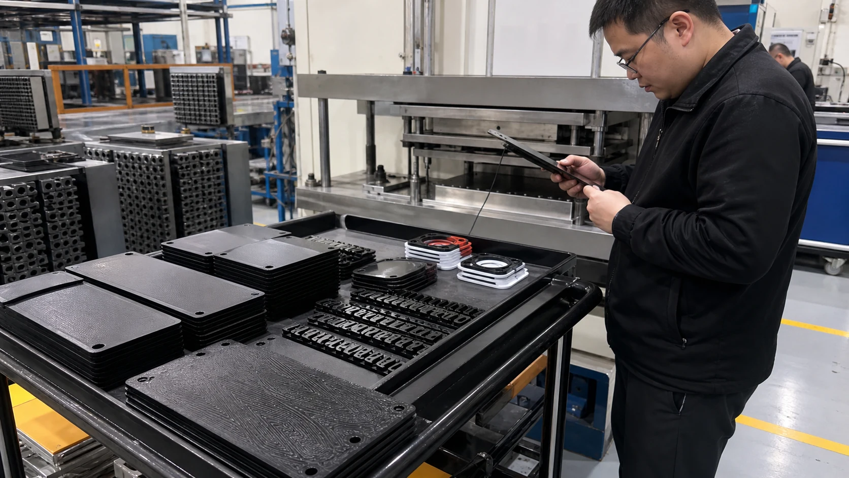 Real fuel cell pilot assembly area with high-conductive PP composite bipolar plate samples checked near a compression fixture
