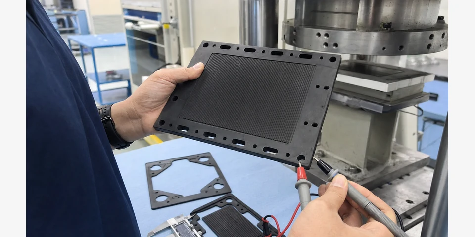 High-conductive PP bipolar plate validation with calipers, resistance probes and compression fixture in an industrial R&D area