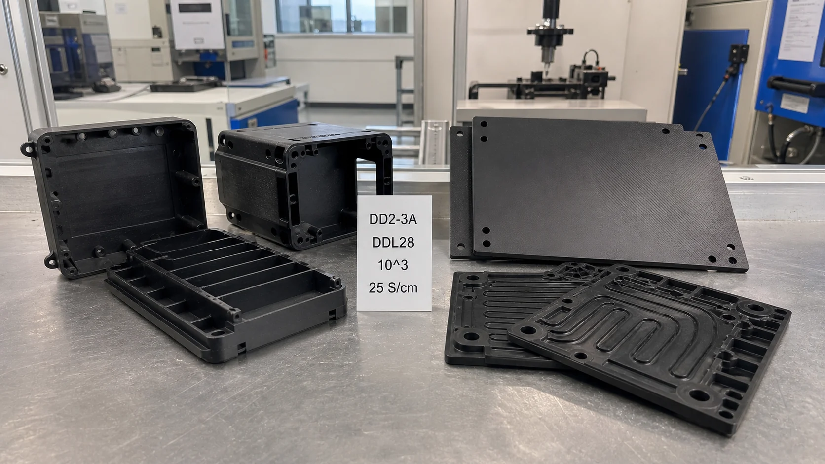 Conductive PP electronic housings and high-conductive PP bipolar plate samples compared on an engineering workbench