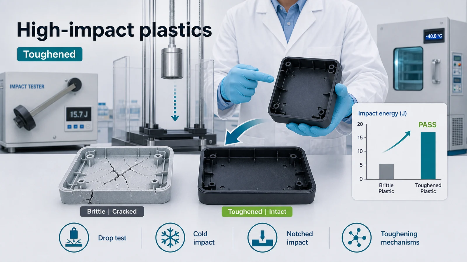 High-impact plastics cover showing drop impact testing, cold impact validation and toughened plastic sample comparison