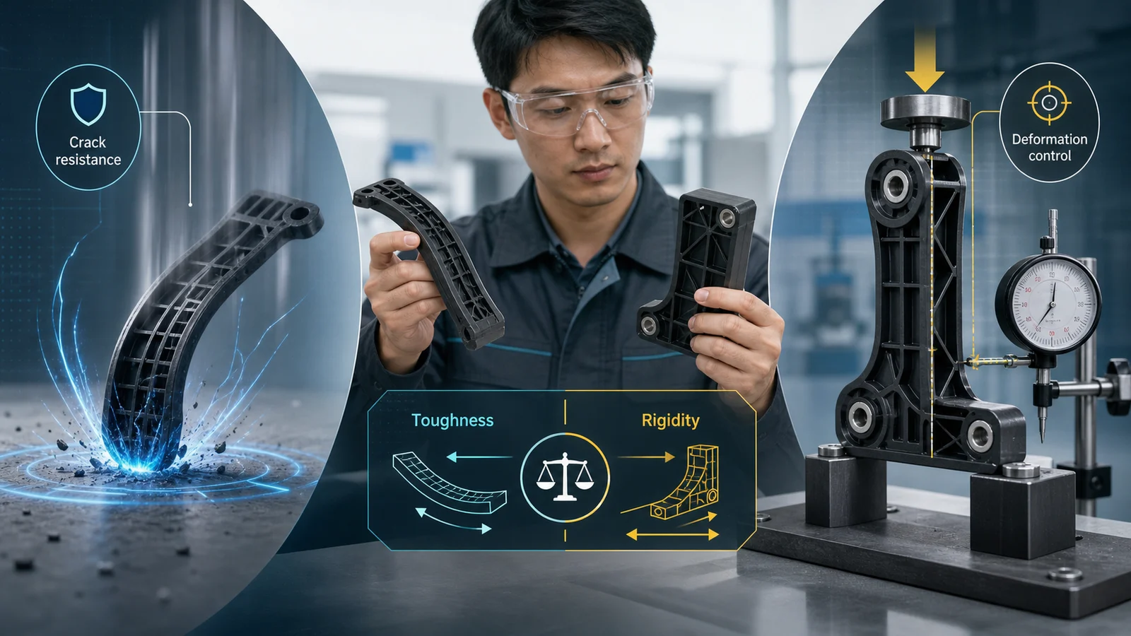 Technical cover comparing high-toughness plastic impact absorption with high-rigidity plastic load and deformation control