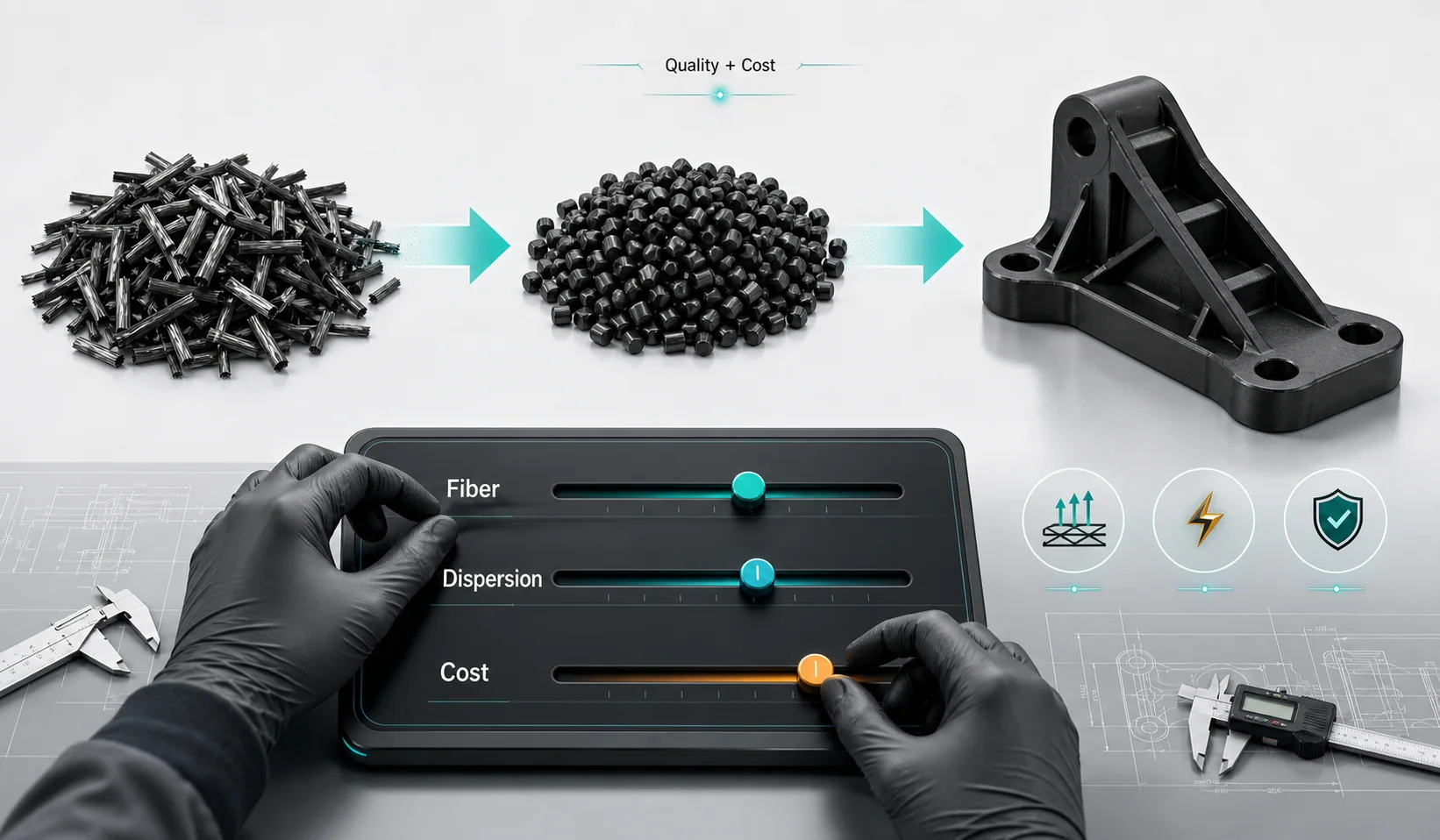 Carbon fiber compound quality and cost optimization cover with engineer hands adjusting fiber dispersion and cost controls