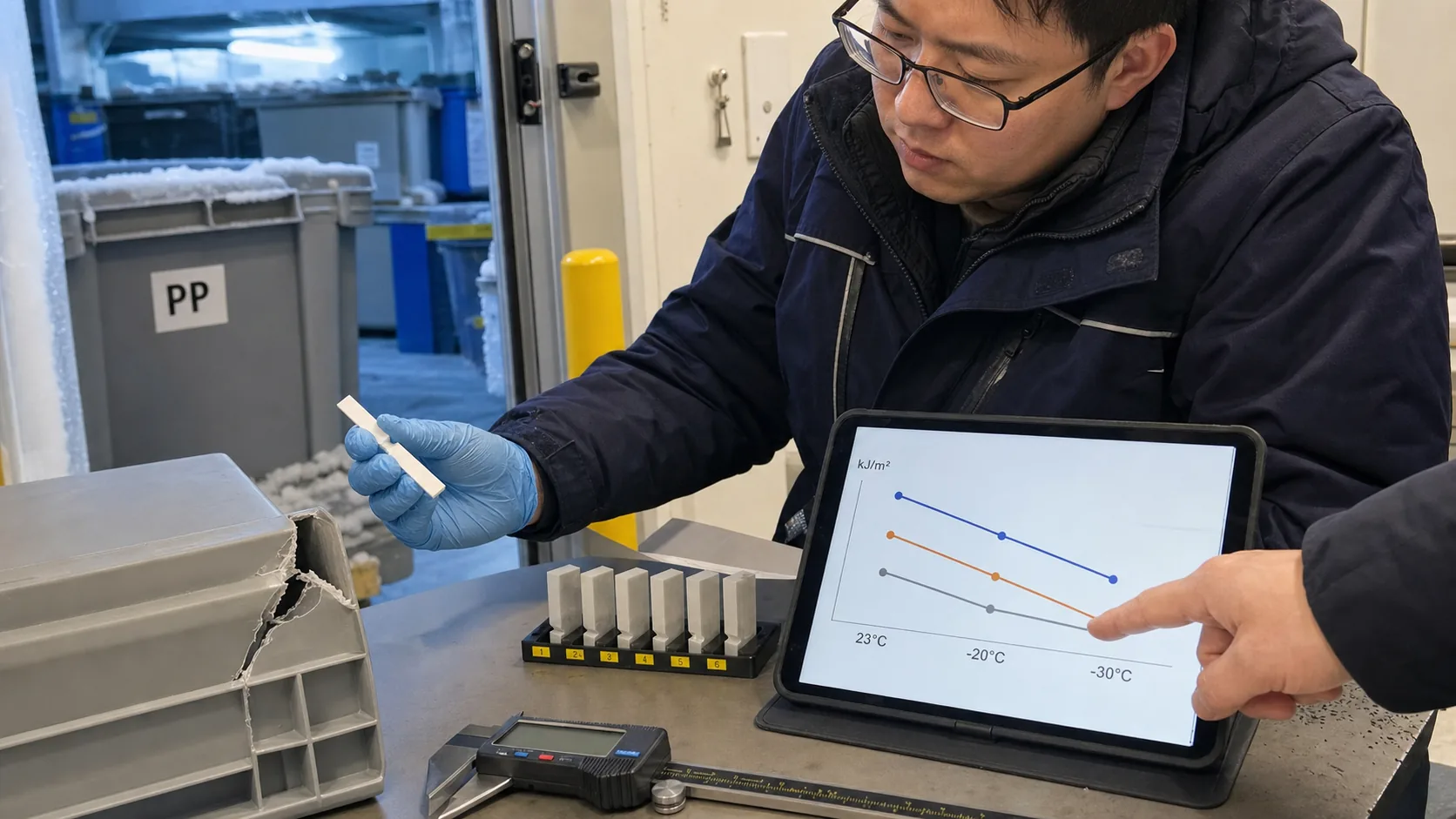 Cold-storage validation scene comparing cracked PP parts with notched impact specimens and temperature-dependent data.