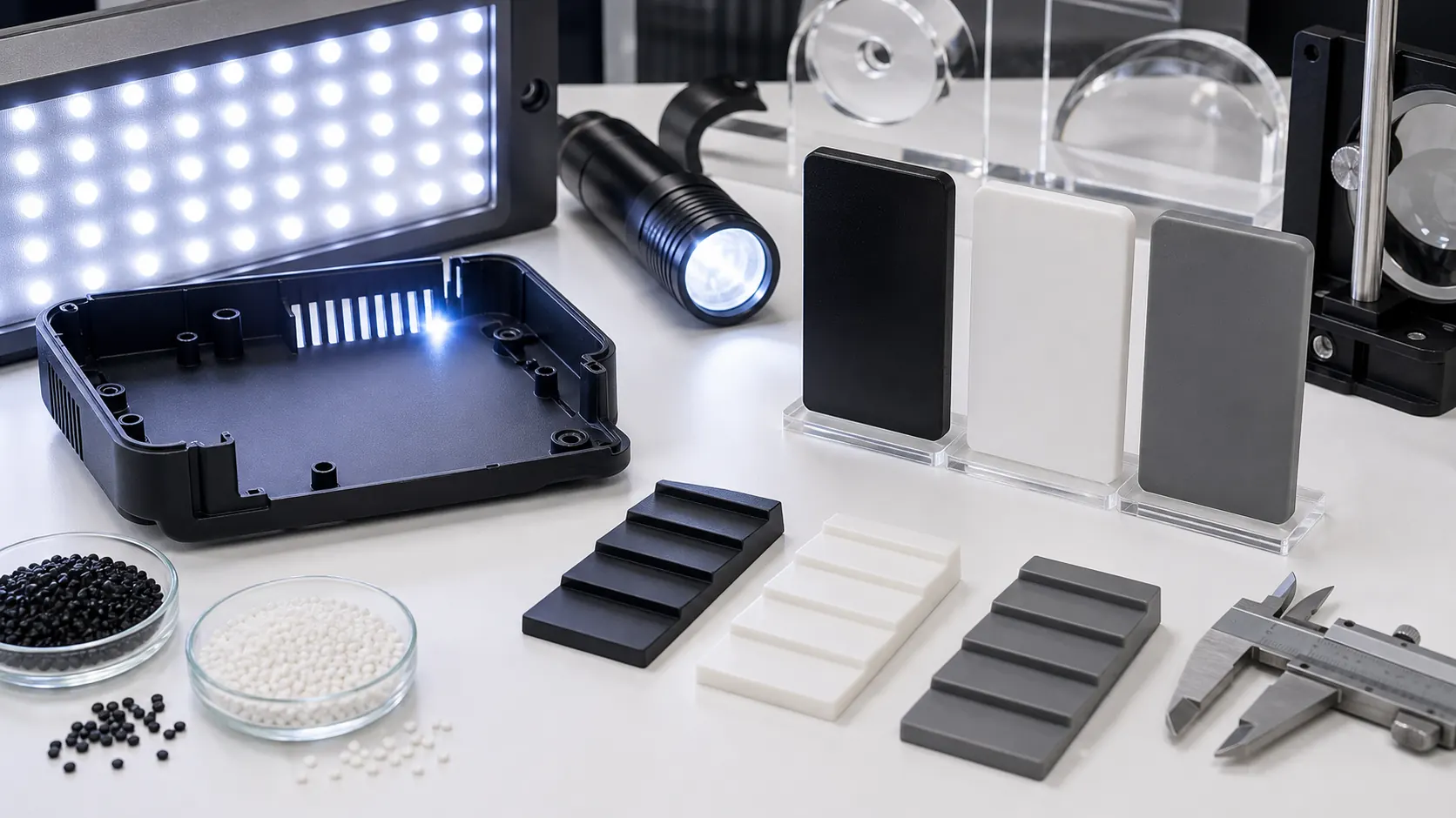 Light-blocking plastic selection with LED backlight thin-wall housing opaque plaques pellets and wall-thickness step samples