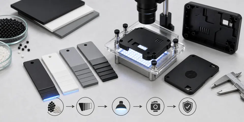 Light-blocking plastic validation with wall-thickness step plaques LED backlight fixture opaque samples and molded cover