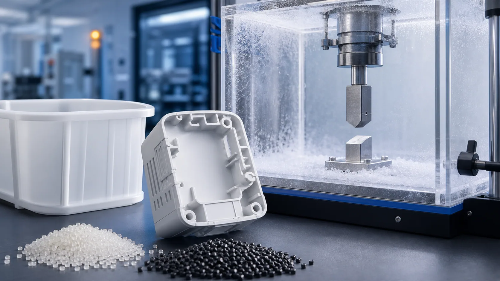 Technical cover showing low-temperature resistant plastics development routes for ABS and PP