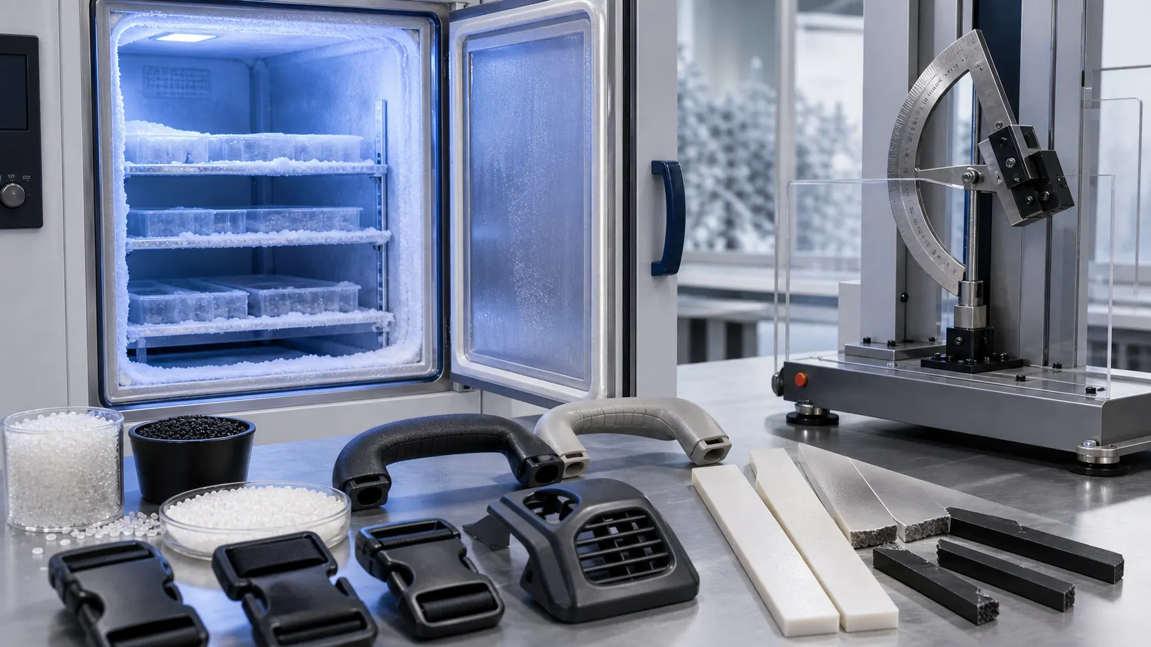 DGK-PP 66D low-temperature resistant polypropylene cold chamber impact testing with PP pellets, sports buckles, automotive covers and impact bars