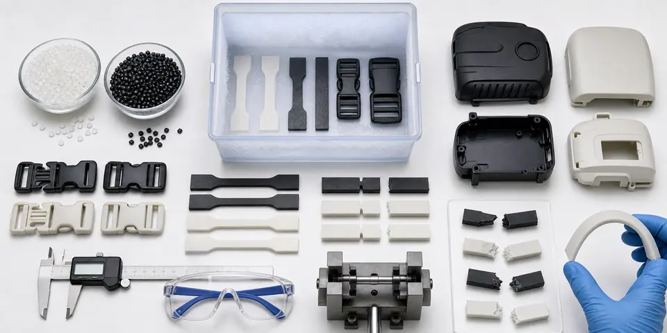 DGK-PP 66D low-temperature PP validation workflow with cold-conditioned buckles, tensile bars, notched impact samples, molded covers and flexibility check