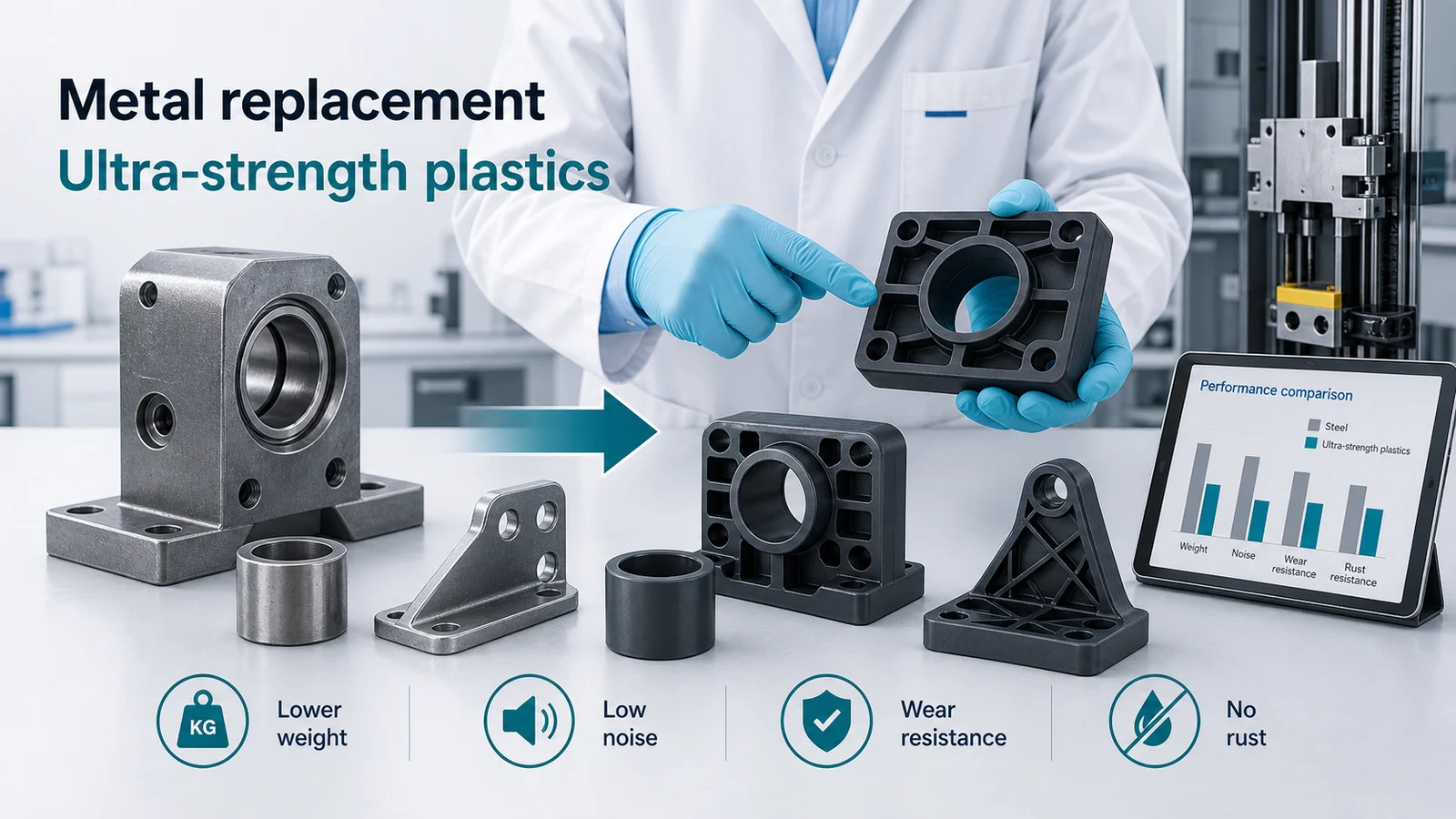 Metal-replacement engineering plastic cover showing steel parts converted into reinforced molded plastic guide blocks, bushings and brackets