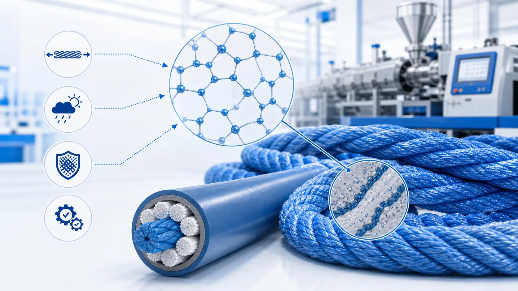 Blue white technical illustration for modified HDPE rope and cable materials