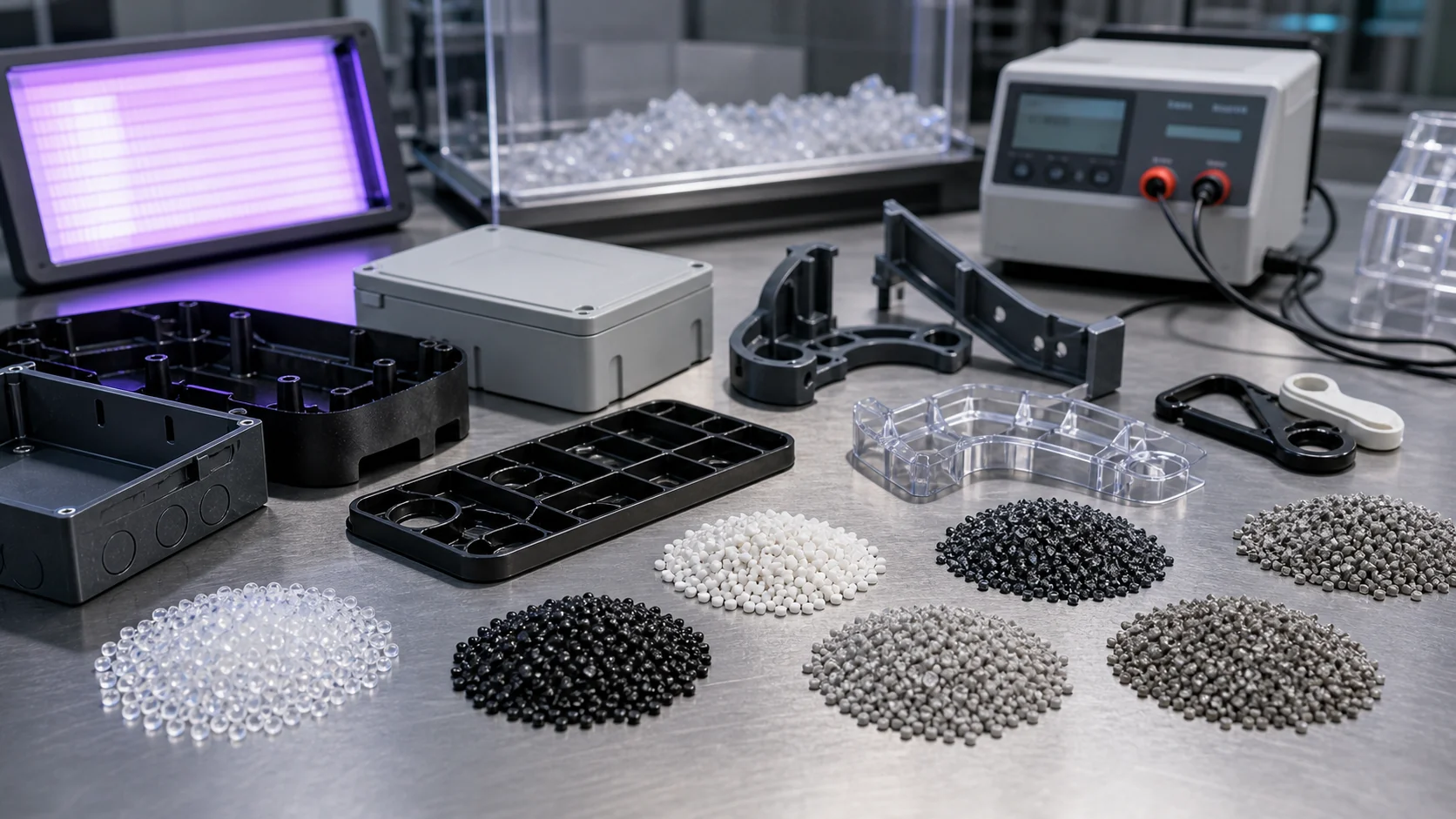 Modified PP polypropylene compound samples showing conductive anti-static flame-retardant UV-resistant reinforced and toughened routes in a materials lab