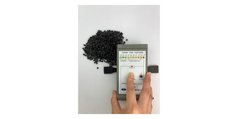 DGK-PP DD2-3A conductive PP surface resistance measurement with black polypropylene pellets and resistance meter