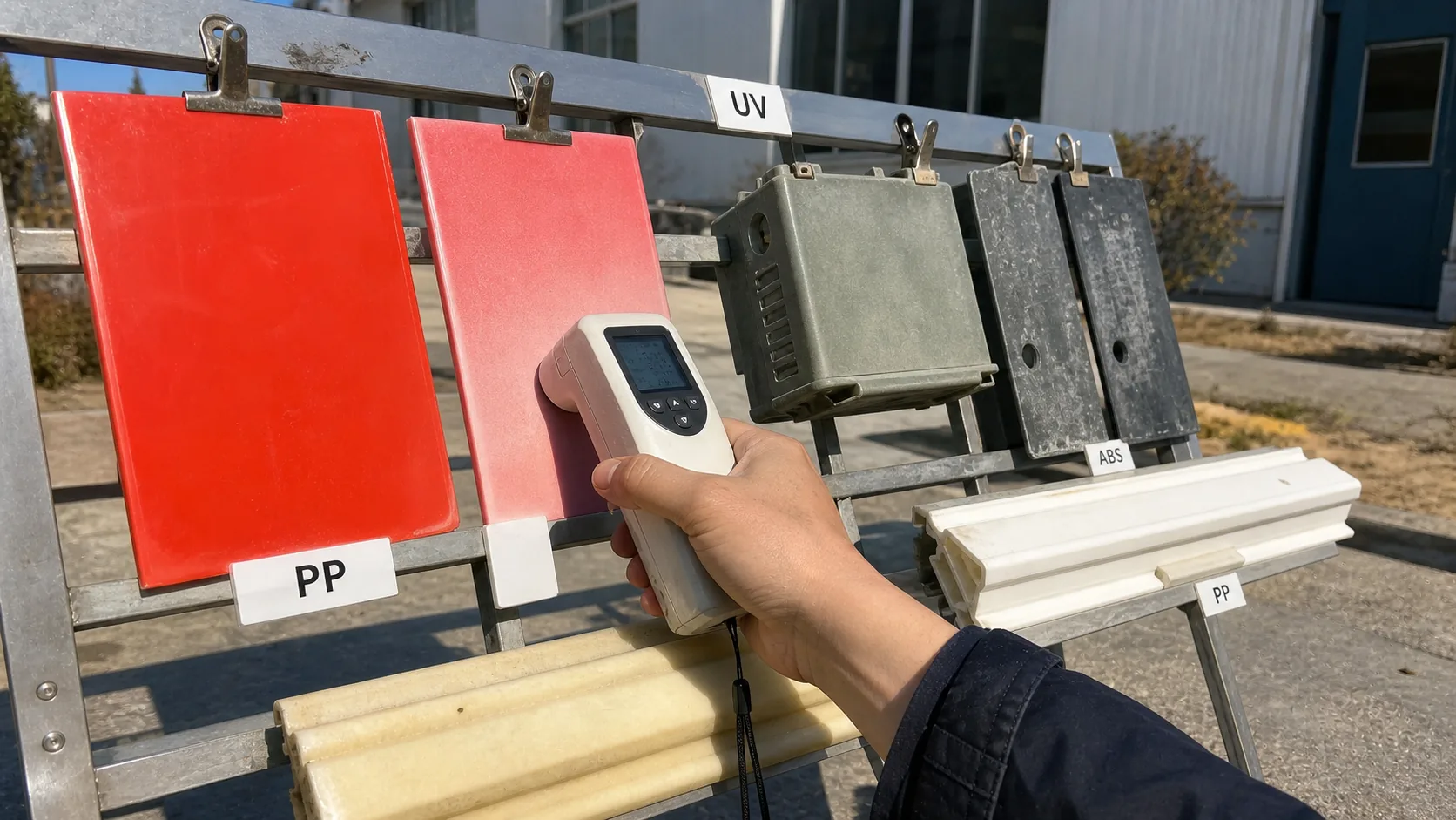 A UV problem-solving guide explaining why outdoor plastic parts fade, yellow and chalk, with pigment selection, UVA/HALS stabilization and QUV / ΔE validation tables.