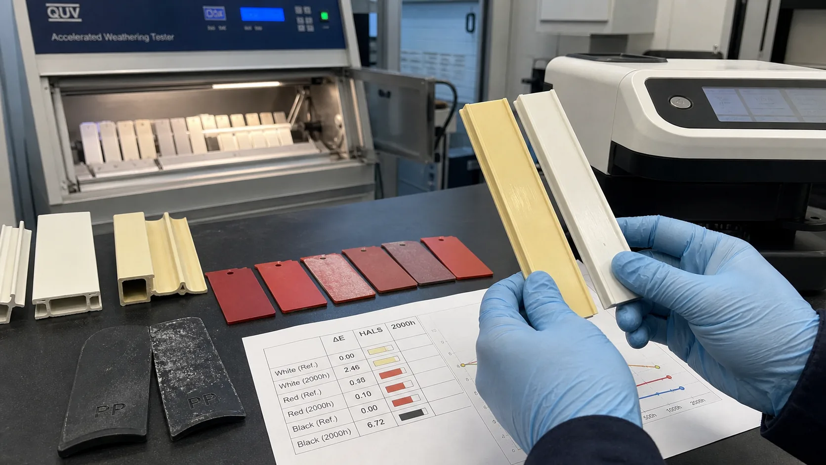 QUV aging laboratory data interpretation for outdoor plastic color fading and yellowing validation