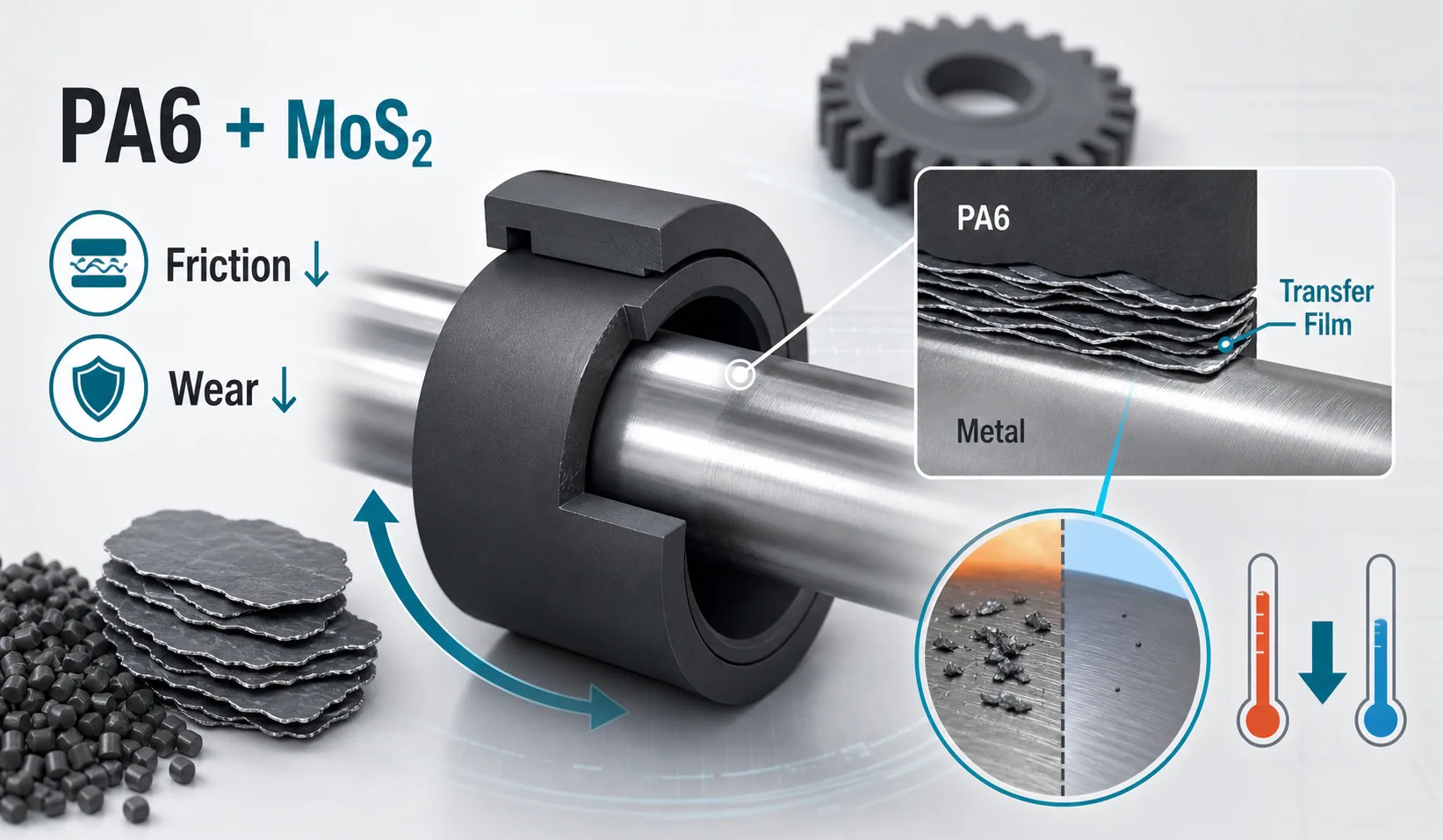 PA6 and MoS2 wear-resistant mechanism cover showing a nylon bushing, steel shaft, transfer film and friction reduction arrows