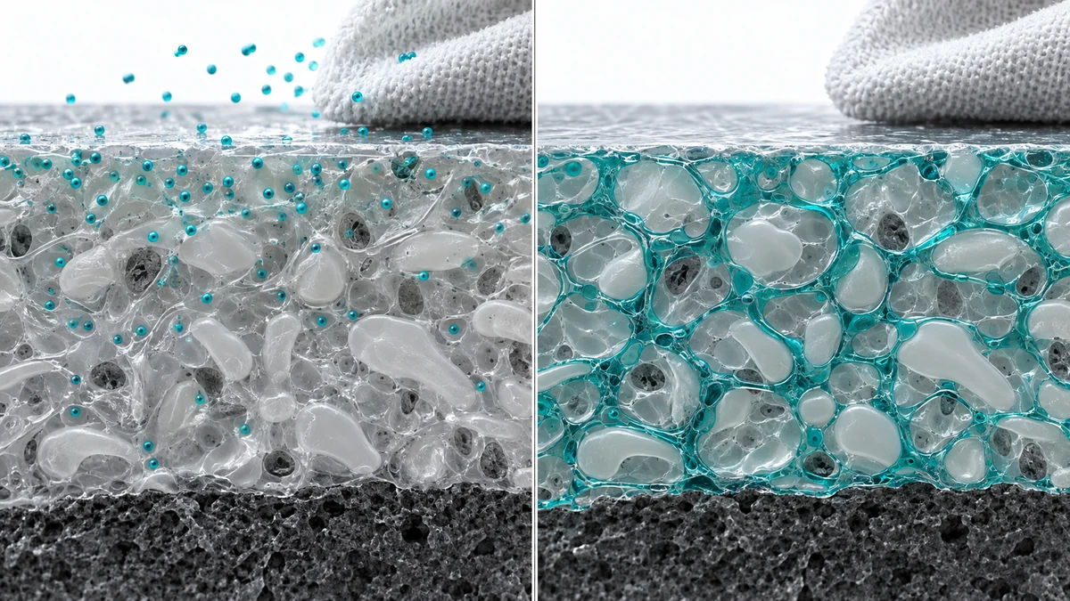 Conceptual visualization of a surface-migrating additive and a continuous polymer-alloy antistatic phase. This is an illustration, not a microscope image or measured electrical result.