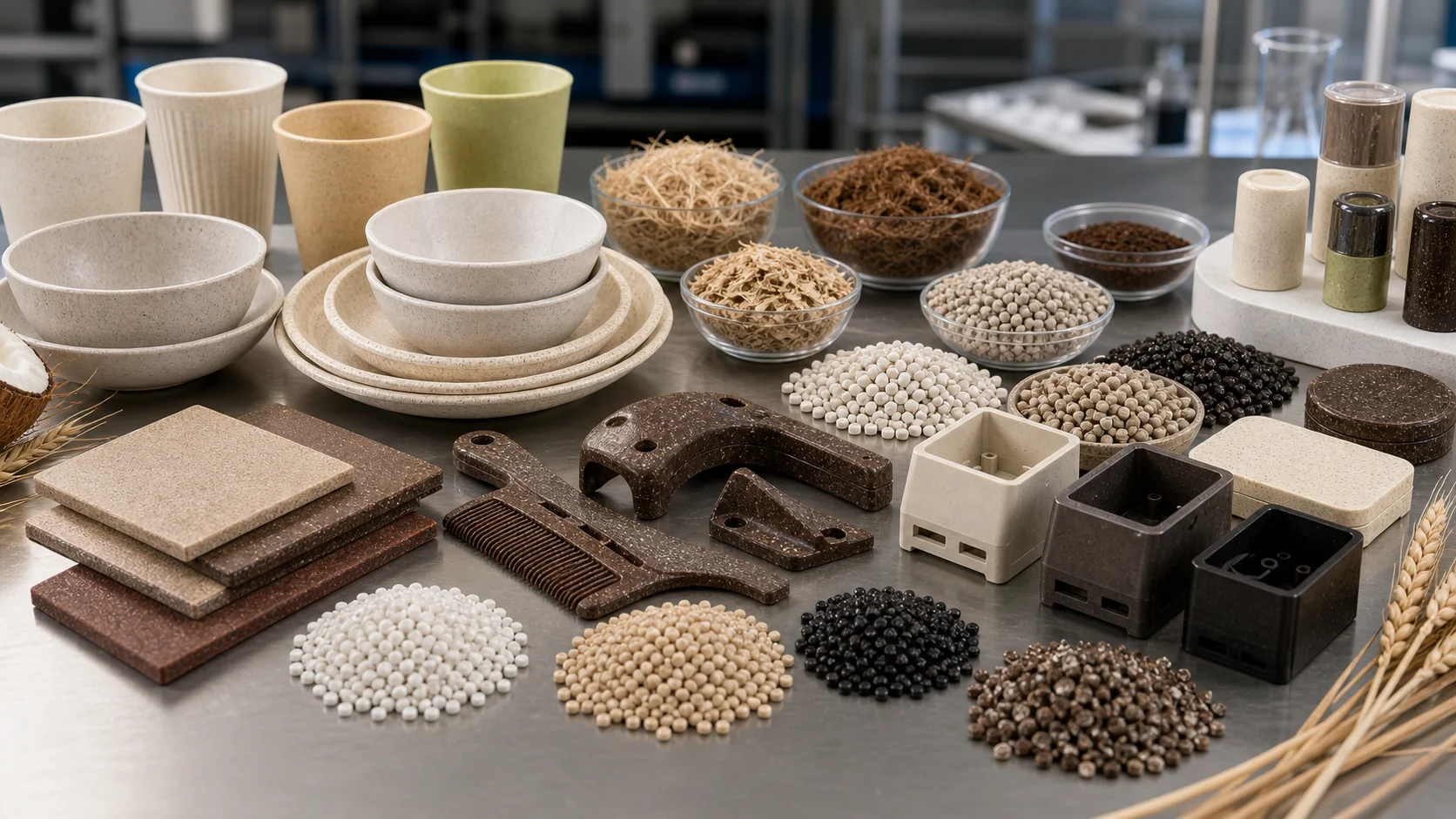 Plant-based plastic compound samples with wheat straw PP cups coffee ground ABS housings natural fiber fillers and pellets in a materials lab
