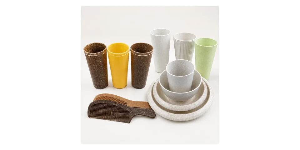 Real wheat straw PP application samples including cups bowls plates and combs with natural fiber texture