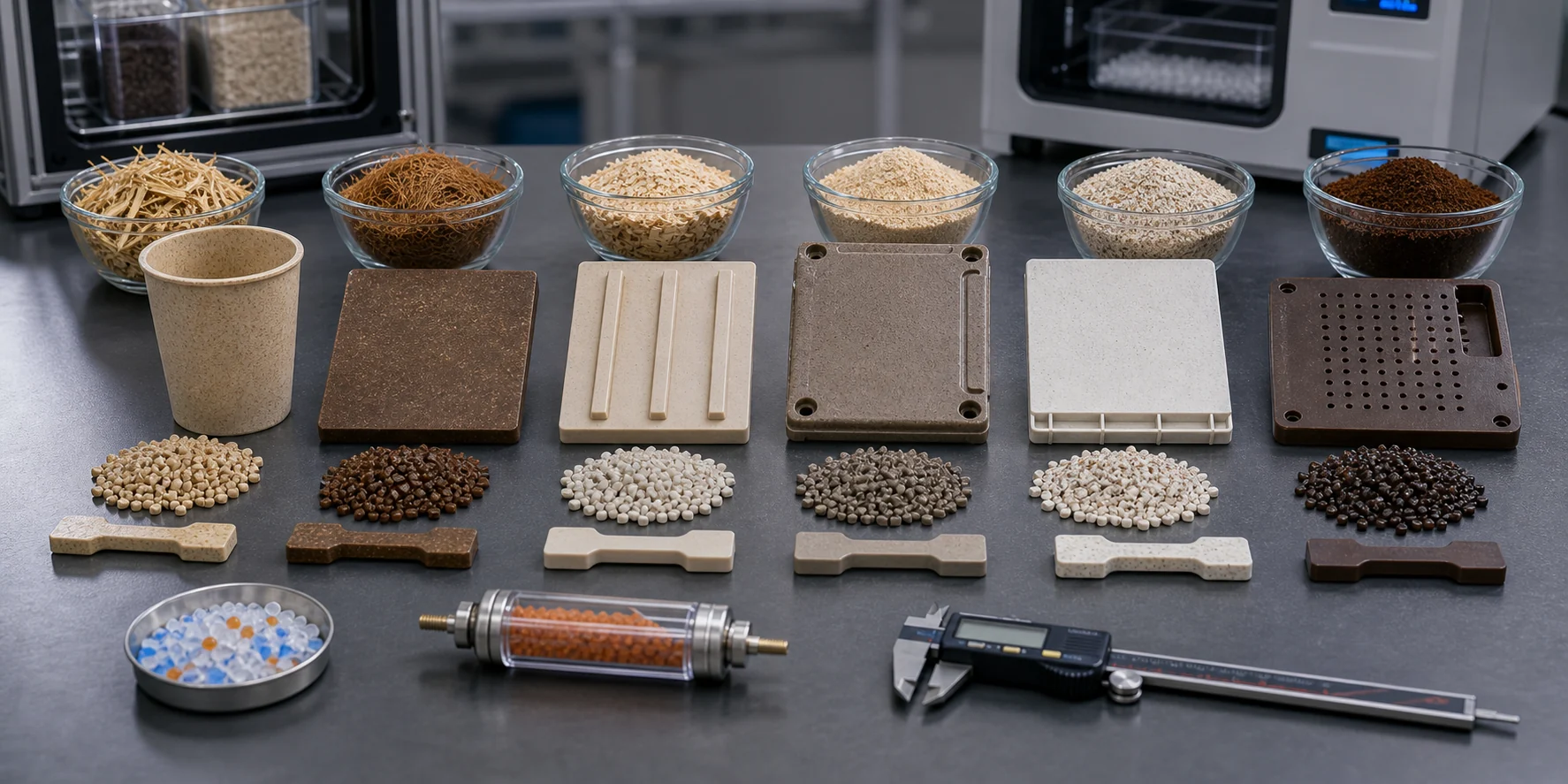 Technical comparison of wheat straw PP coconut fiber composite wood fiber PA6 red pine PP grain-filled ABS and coffee ground ABS samples with plant fillers and test bars
