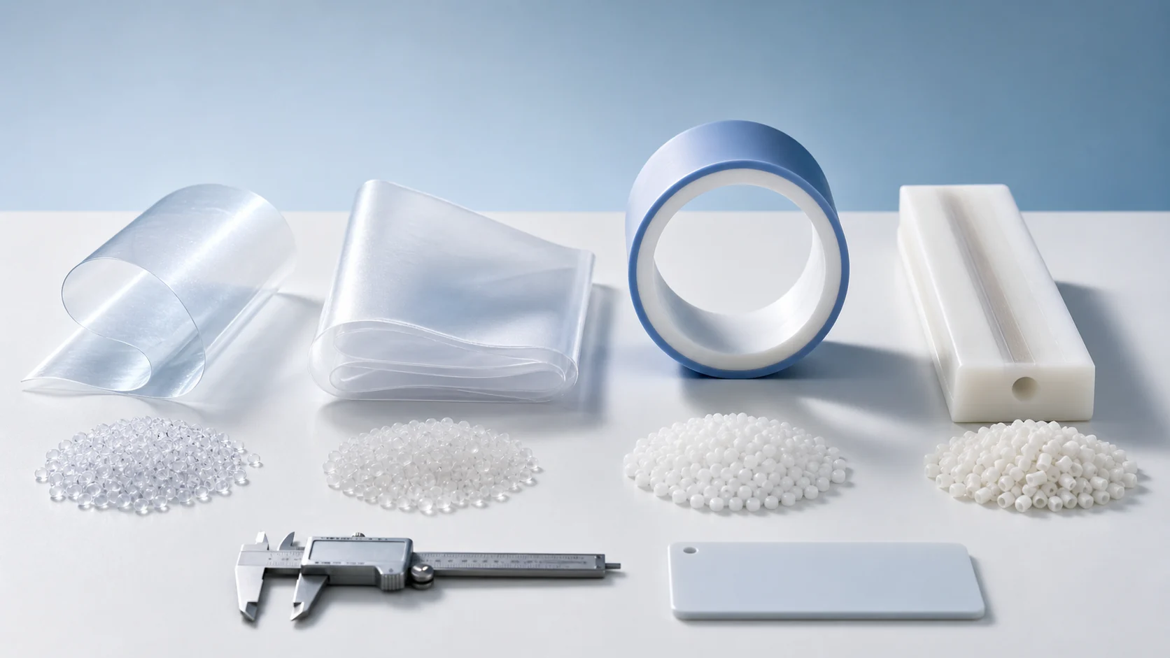 Minimal polyethylene material spectrum showing LLDPE film LDPE sheet HDPE pipe cross-section UHMWPE sliding strip and neat PE pellet piles