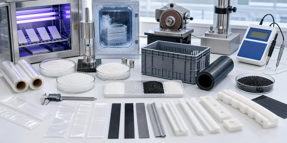 Modified polyethylene validation bench with PE film HDPE crate pipe samples UHMWPE wear strips conductive PE pellets and testing tools