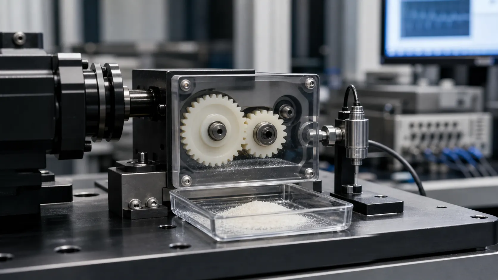 POM gear endurance test with wear powder and acoustic sensor
