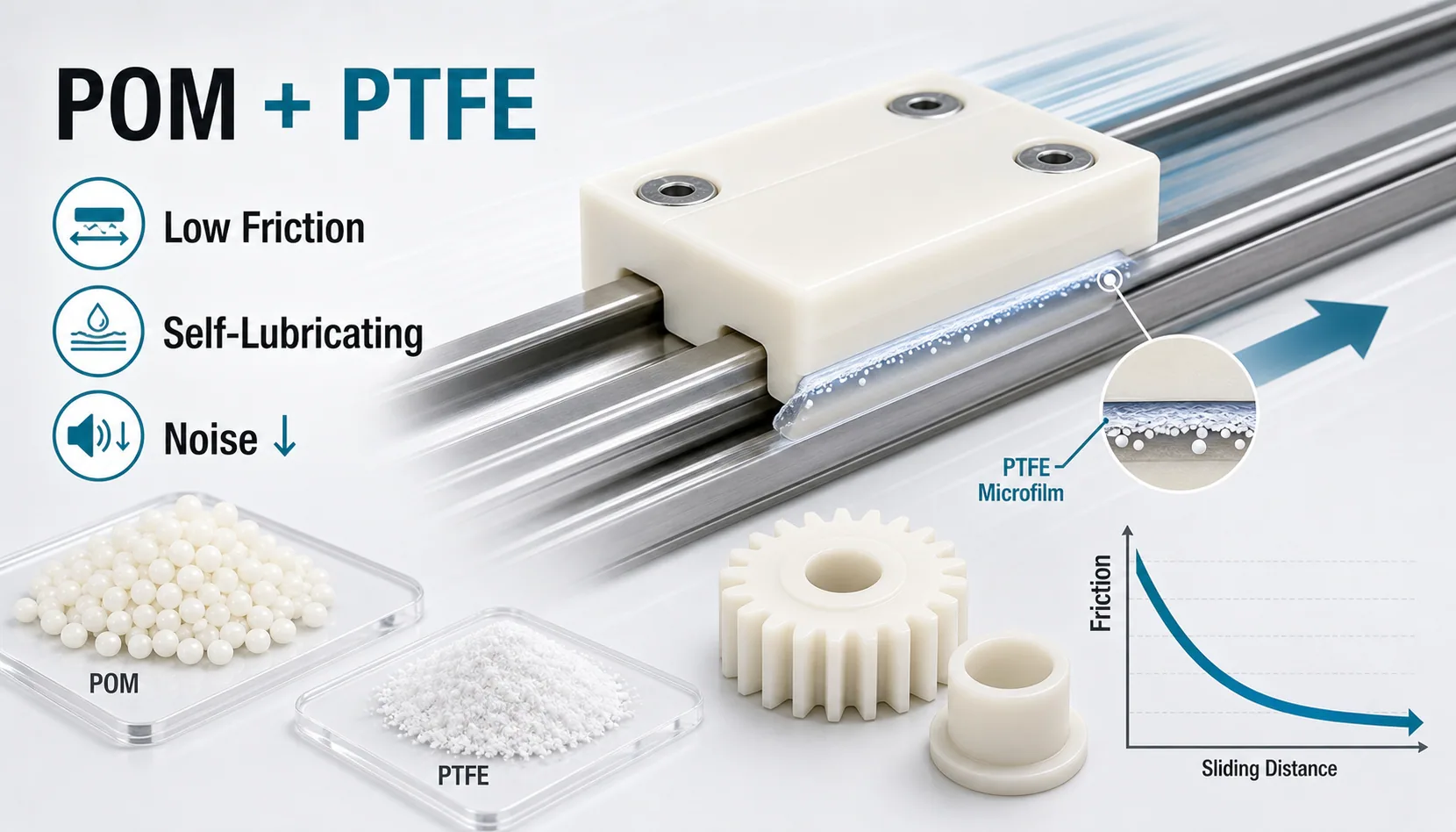 POM and PTFE low-friction wear-resistant cover showing a POM slider, PTFE microfilm, gear, bushing and friction reduction curve
