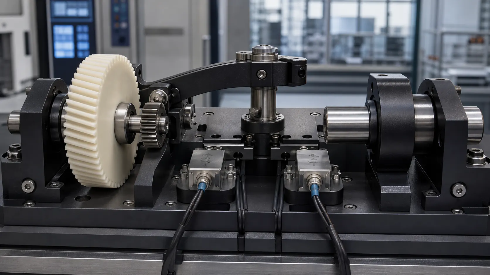 Mechanical test bench comparing POM gear and PA66 bushing wear-resistant routes